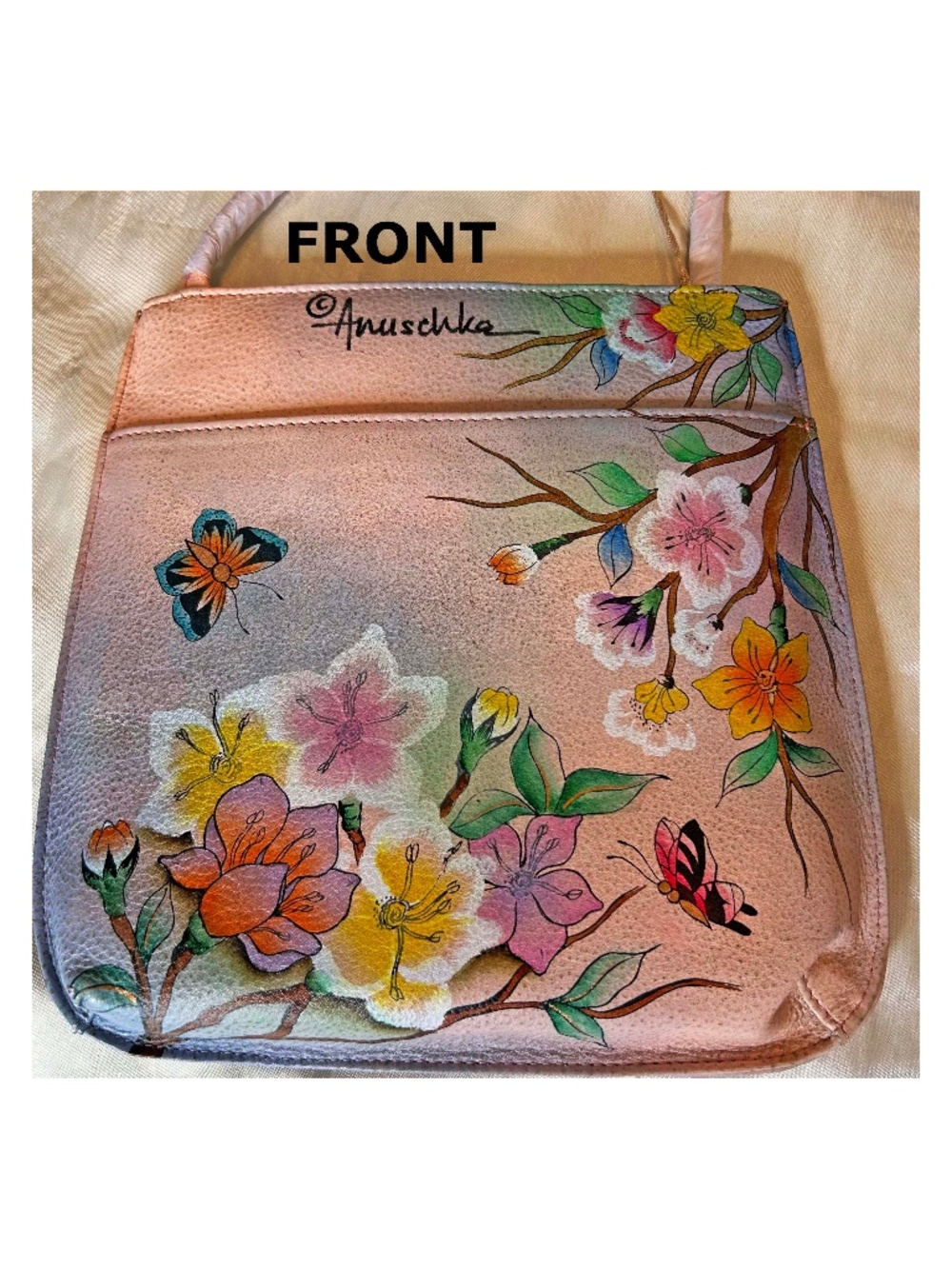 MINI CROSSBODY, PINK/DAPPLED GREY WITH HAND PAINTED BUTTERFLIES & FLOWERS, 9 In.